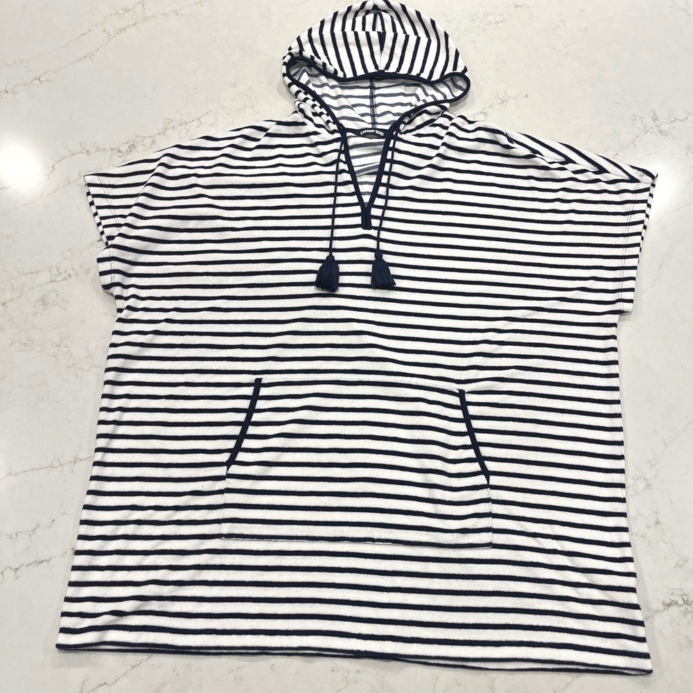 Lands End Terry Nautical Swim Hooded Boxy Coverup Womens L/XL Navy White Striped